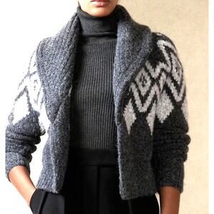 Banana Republic Alpaca Alsh Fair Isle Cardigan Women's Medium Grey Orig $180